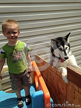 Messy face toddler boy with beautiful husky dog