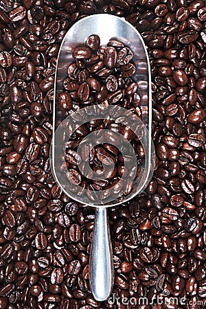 Metal scoop full of coffee beans