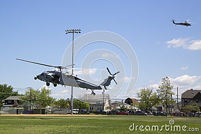 MH-60S helicopters from Helicopter Sea Combat Squadron Five with US Navy EOD team landing for mine countermeasures demonstration