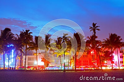 Miami Beach, Florida hotels and restaurants at sunset