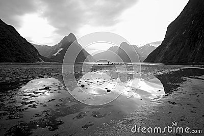 Milford Sound Mountains and Reflection in Black and White