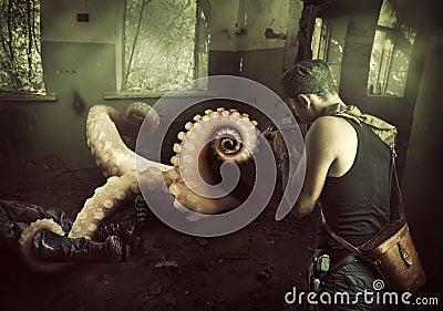 Military man shoots machine gun in octopus