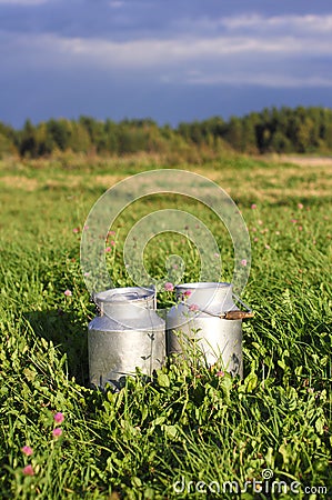 Milk containers grass and forest and blue sky