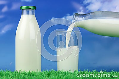 Milk pouring from a bottle into a glass