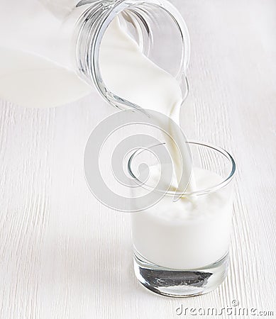Milk pouring into a glass on white board