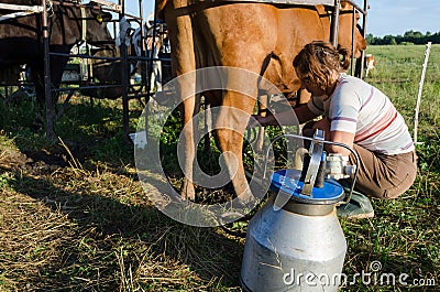 Milkmaid farmer woman milking machine pumps