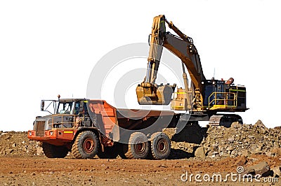 Mining excavator loading truck