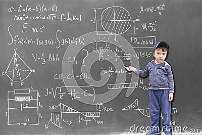 Minor child at the blackboard writing formulas