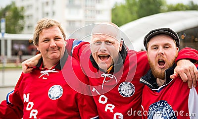 MINSK, BELARUS - MAY 11 - Norway Fans in Front of Chizhovka Arena on May 11, 2014 in Belarus. Ice Hockey Championship.