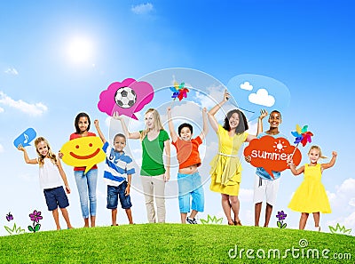 Mixed Age People Holding Colorful Speech Bubbles