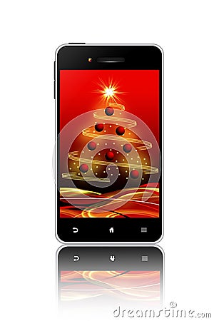 Mobile phone with christmas screen over white background