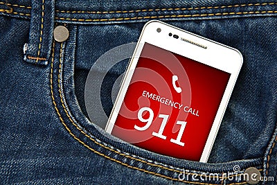 Mobile phone in pocket with emergency number 911. focus on scree
