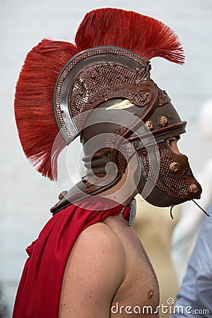 Model with chocolat Roman helmet during fashion show in Brussels