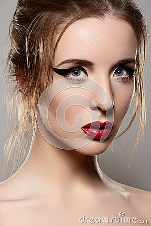 Model with retro make-up, vintage red lips & eyeliner