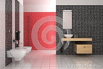 Modern bathroom with black, red and white tiles