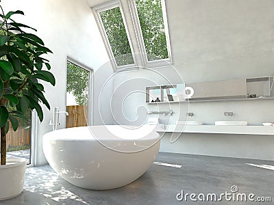 Modern bathroom interior with oval bathtub