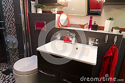 Modern bathroom interior with red accents