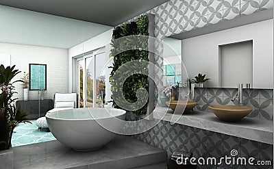 Modern bathroom with vertical garden and oriental vibe