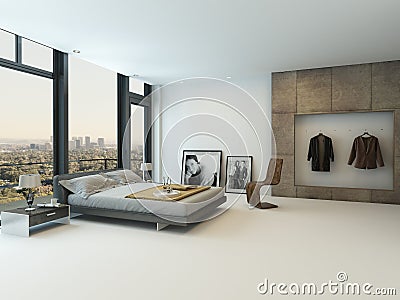Modern bedroom interior with huge windows