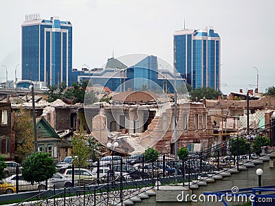 Modern and destroyed buildings in Astrakhan, Russia.