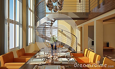 Modern dining room with spiral staircase