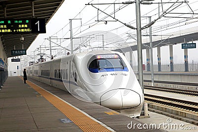 Modern magnetic monorail high-speed rail (HSR) train at the railway station of Pingyao, China