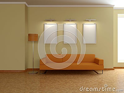Modern home interior with sofa, paintings. 3D.