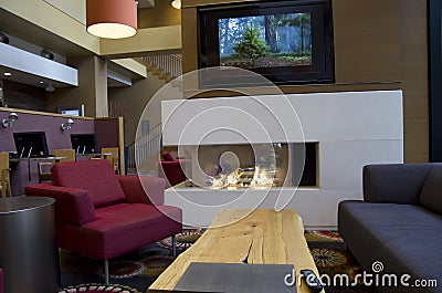 Modern hotel lobby fireplace