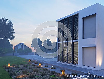 Modern house exterior with outdoor lighting at twilight