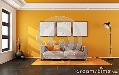 Modern living room with orange wall
