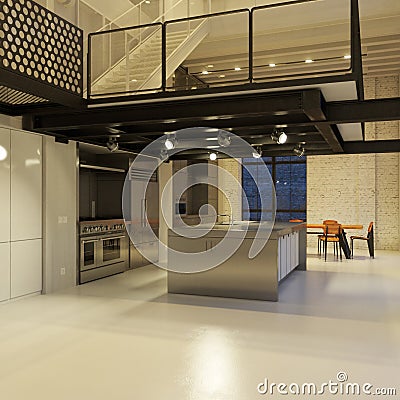 Modern loft kitchen at night