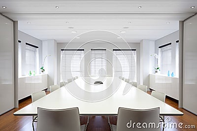 Modern office boardroom filled with light.