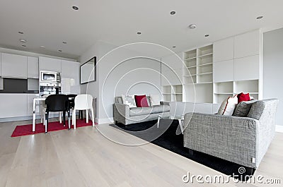 Modern open plan living area with fully fitted kitchen