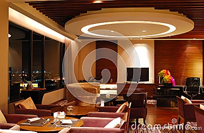 Modern restaurant interior in night illumination