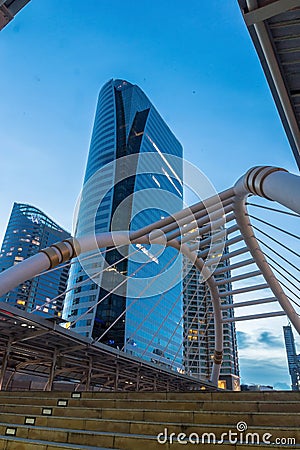 Modern skywalk in business area in Bangkok Thailand