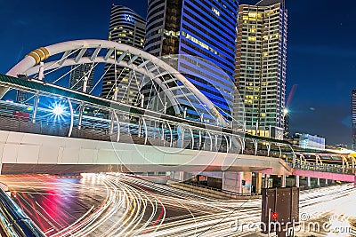 Modern skywalk in business area in Bangkok Thailand