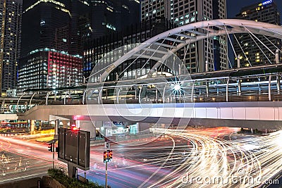 Modern skywalk in business area in Bangkok Thailand