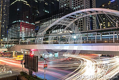 Modern skywalk in business area in Bangkok Thailand
