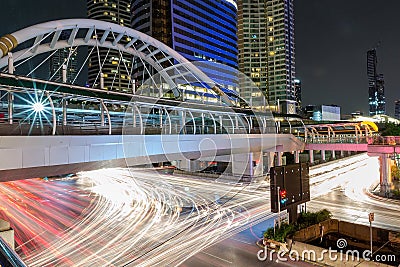 Modern skywalk in business area in Bangkok Thailand