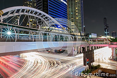 Modern skywalk in business area in Bangkok Thailand