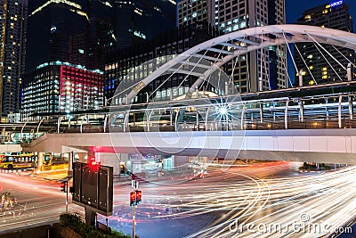 Modern skywalk in business area in Bangkok Thailand