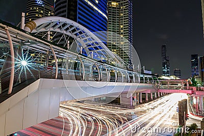 Modern skywalk in business area in Bangkok Thailand