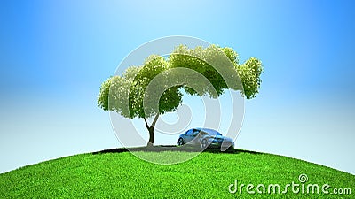 Modern vehicle under tree on green fileld