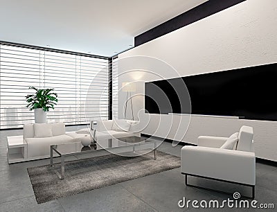 Modern white, grey and black living room interior