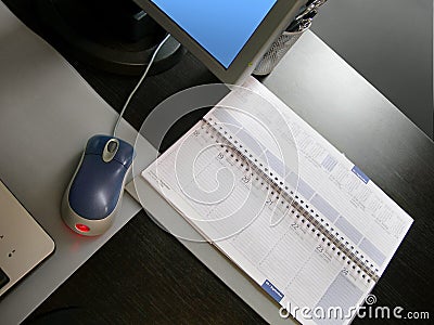 Modern workplace. Desktop, computer, note-book