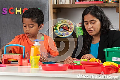 Mom and Kid in Home School Setting