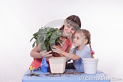 Mom shows daughter of transplant flower pot in another