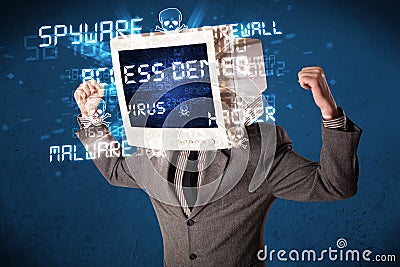 Monitor head person with hacker type of signs on the screen