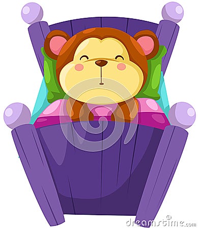 Illustration of isolated monkey sleeping in bed.