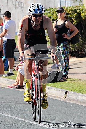 MOOLOOLABA, AUSTRALIA - SEPTEMBER 14 : Unidentified participants in cycle leg of sunshine coast triathlon on September 14, 2014 in